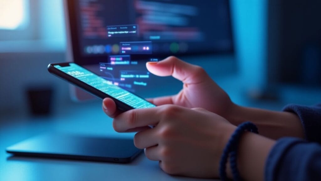 Teenage hand using ChatGPT on smartphone with holographic AI elements representing seamless integration of artificial intelligence in everyday communication