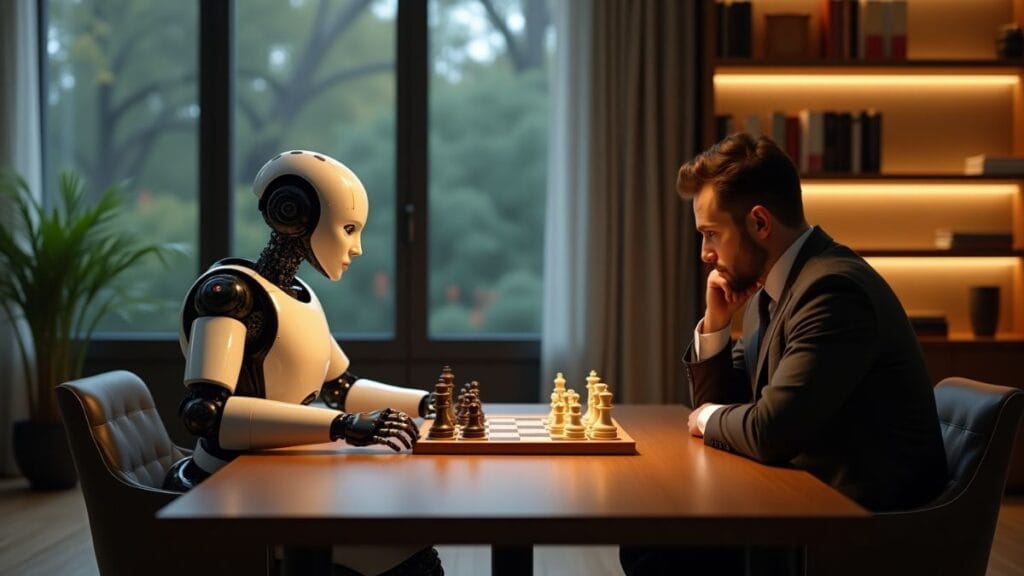 Robot playing chess showing contradictory thought processes while human opponent looks suspicious, illustrating AI reasoning research